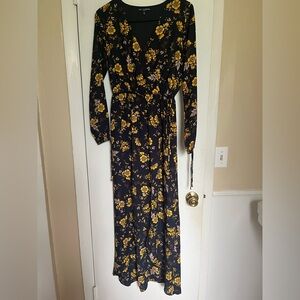 Floral Wrap Dress in Black and Yellow